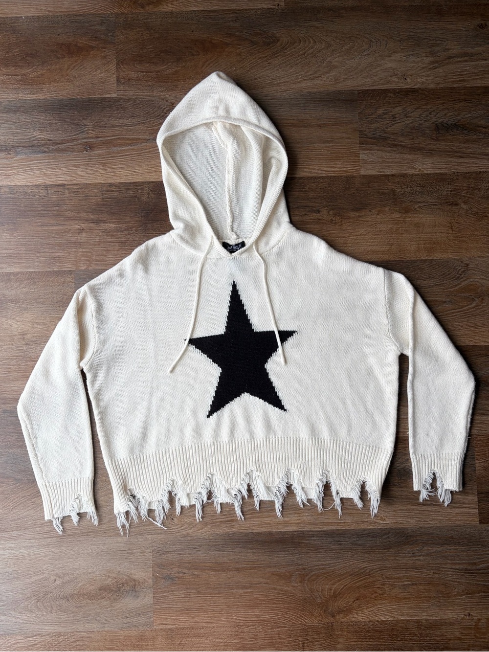 Just Polly Hooded Distressed Knit Sweater with Black Star
